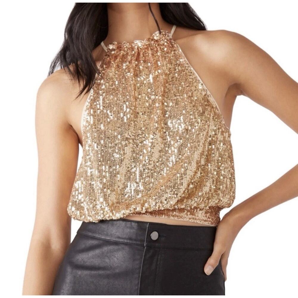 Free People Lights Out Sequin Halter Cropped Top Neutral Combo Gold Color Sz XL
